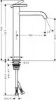 Ein AXOR-Waschtischmischer mit Hebelgriff für Aufsatzwaschtische, dargestellt in einem technischen Diagramm mit Maßangaben und Anschlussdetails.